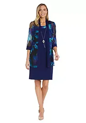 R & M Richards 2Pc Printed Chiffon Jacket Dress With Solid Tank And Detachable Necklace