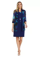R & M Richards 2Pc Printed Chiffon Jacket Dress With Solid Tank And Detachable Necklace