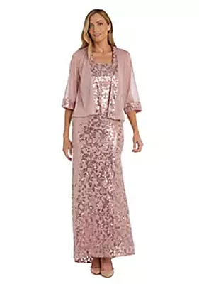 R & M Richards 2Pc Banded Scroll Emb Sequin Square Neck Dress