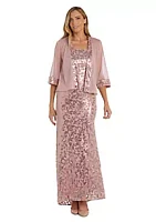 R & M Richards 2Pc Banded Scroll Emb Sequin Square Neck Dress