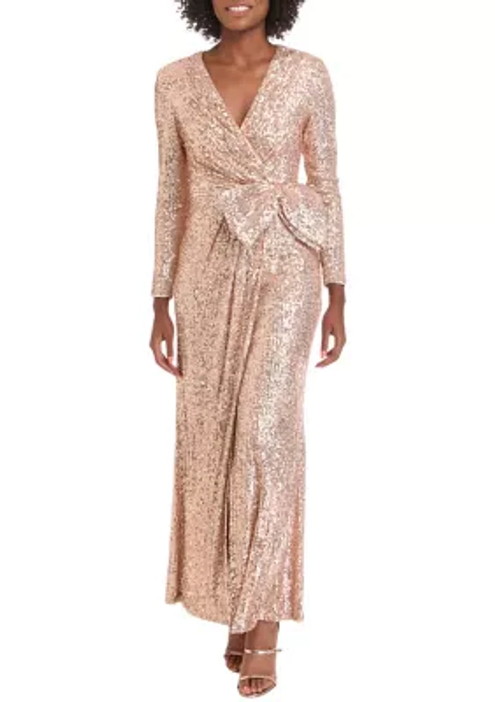 Women's Long Sleeve V-Neck Sequin Wrap Gown