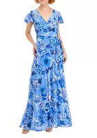 Women's Flutter Sleeve V-Neck Chiffon Printed Gown