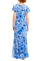 Women's Flutter Sleeve V-Neck Chiffon Printed Gown