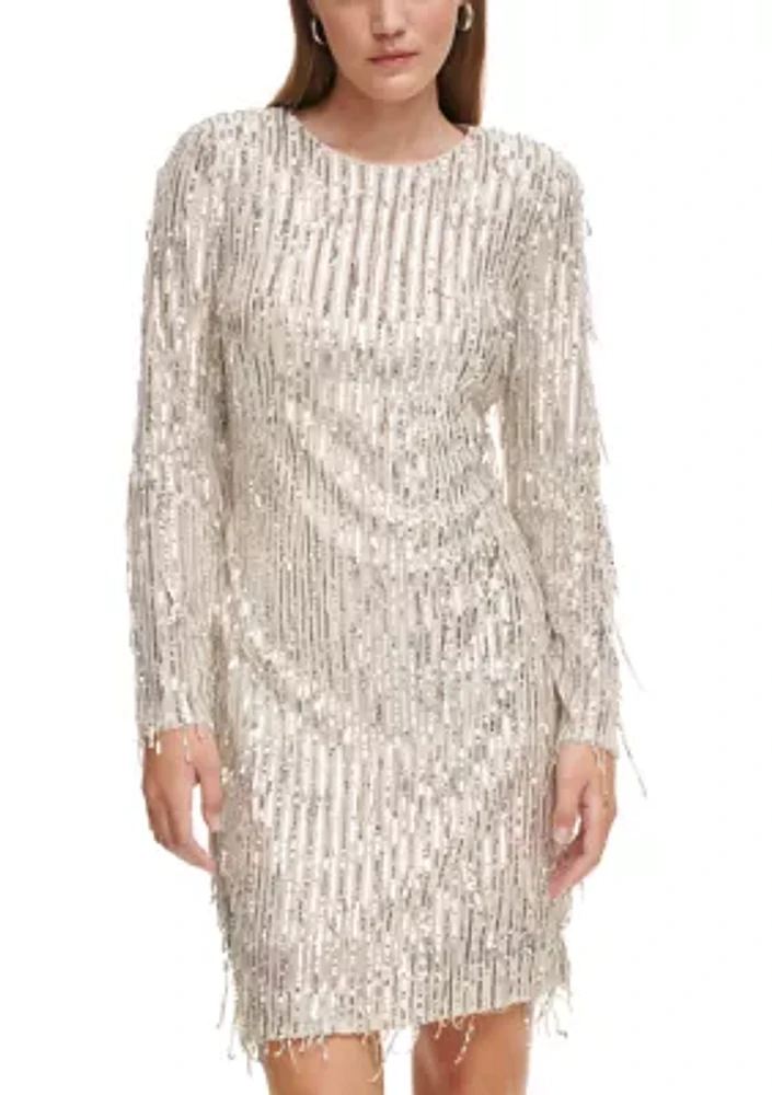 Women's Long Sleeve Sequin Fringe A-Line Dress