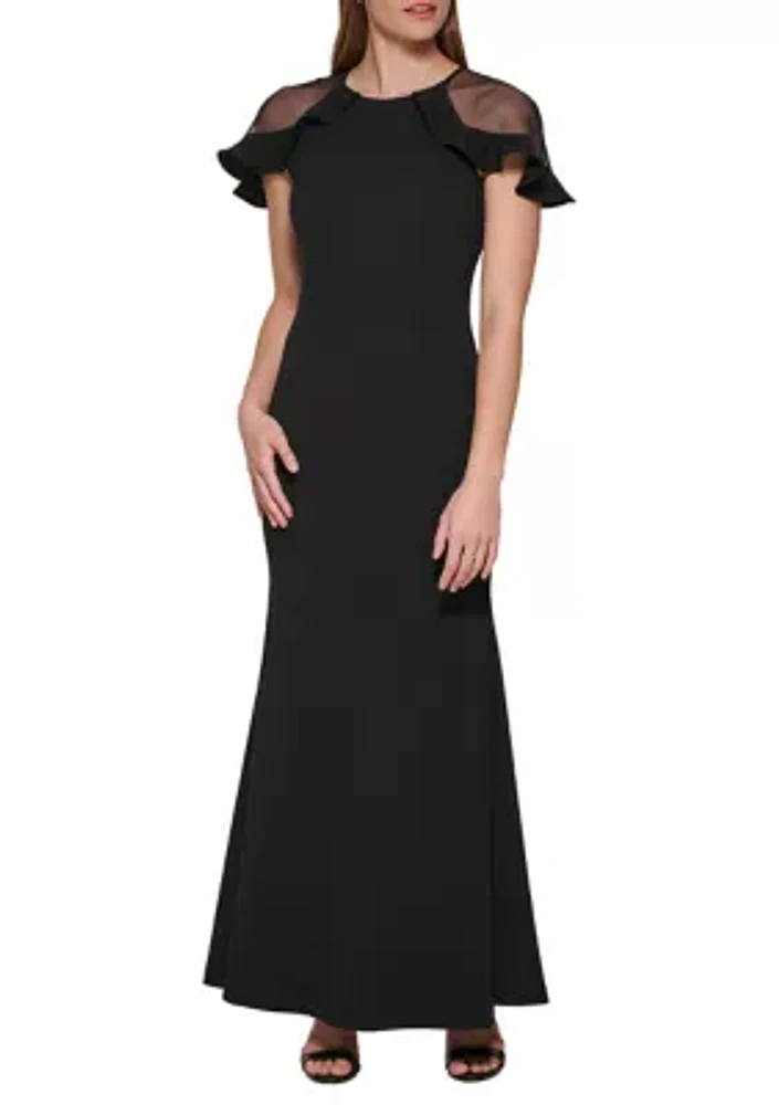 Women's Short Sleeve Boat Neck Solid Gown with Mesh Cut Out