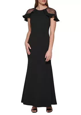 Women's Short Sleeve Boat Neck Solid Gown with Mesh Cut Out