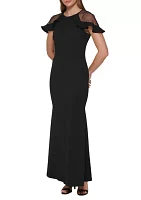 Women's Short Sleeve Boat Neck Solid Gown with Mesh Cut Out