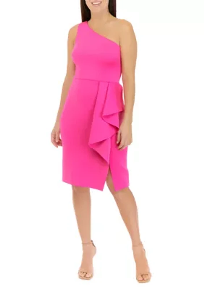 Women's Sleeveless One Shoulder Ruffle Solid Sheath Dress