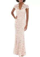 Cap Sleeve Square Neck Lace Sheath Gown