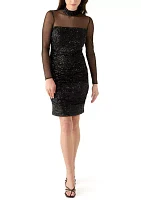 Women's Long Sleeve Mesh Mock Neck Sequin Sheath Dress