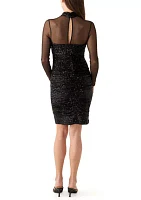 Women's Long Sleeve Mesh Mock Neck Sequin Sheath Dress