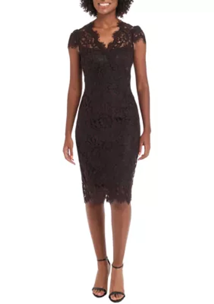 Women's Short Sleeve V-Neck Scallop Lace Sheath Dress