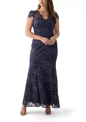 Women's Solid V-Neck Lace Gown