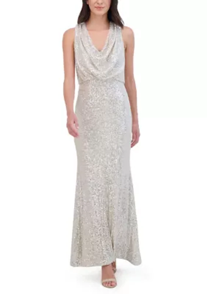 Sleeveless Cowl Neck Sequin Gown