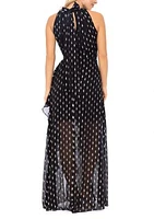 Women's Halter Neck Chiffon Foil Ruffle Tie Gown