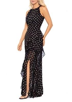 Women's Halter Neck Chiffon Foil Ruffle Tie Gown