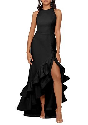 Women's Halter Neck Ruffle Tier Scuba Crepe Gown