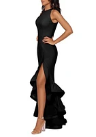 Women's Halter Neck Ruffle Tier Scuba Crepe Gown