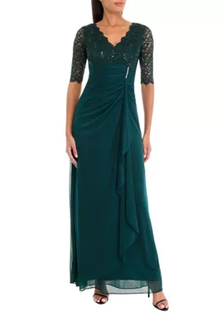 Women's Elbow Sleeve V-Neck Glitter Ruched Gown