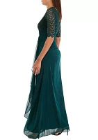 Women's Elbow Sleeve V-Neck Glitter Ruched Gown