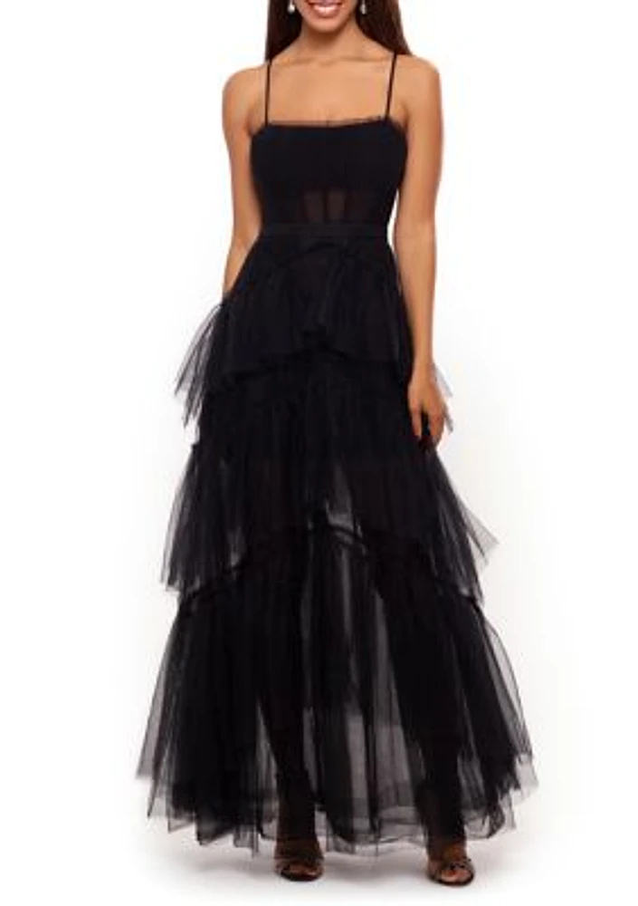 Women's Sleeveless Corset Chiffon Layer Trim Solid Gown