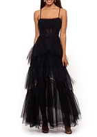 Women's Sleeveless Corset Chiffon Layer Trim Solid Gown