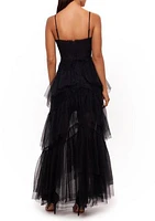 Women's Sleeveless Corset Chiffon Layer Trim Solid Gown