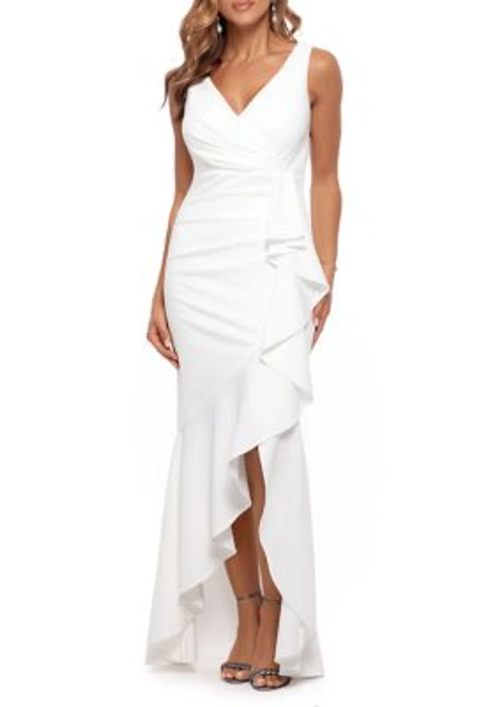 Women's Sleeveless V-Neck Side Ruffle Gown