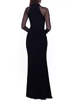 Women's Long Mesh Sleeve Halter Gown