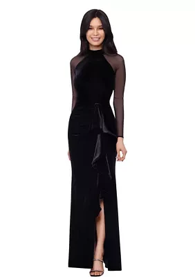 Women's Long Mesh Sleeve Mock Neck Maxi Dress