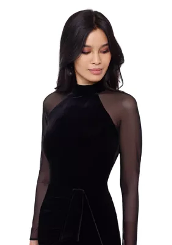 Women's Long Mesh Sleeve Mock Neck Maxi Dress