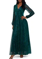 Women's Long Sleeve V-Neck Solid Shimmer Gown