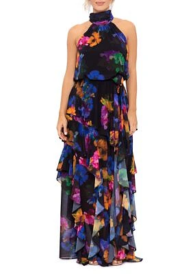 Women's Sleeveless Halter Neck Ruffle Skirt Floral Chiffon Gown