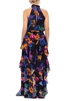 Women's Sleeveless Halter Neck Ruffle Skirt Floral Chiffon Gown