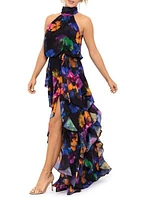 Women's Sleeveless Halter Neck Ruffle Skirt Floral Chiffon Gown