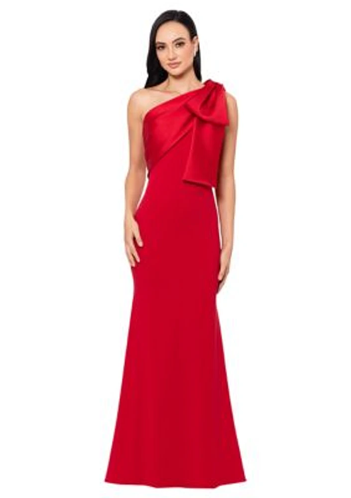 Women's Long Scuba Crepe Bow Satin Gown