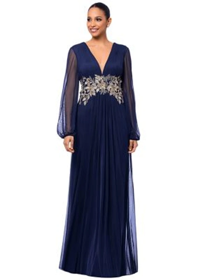 Betsy & Adam Women's Long Sleeve Mesh V-Neck Embellished Gown