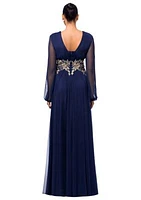 Women's Long Sleeve Mesh V-Neck Embellished Gown