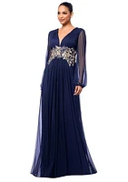 Women's Long Sleeve Mesh V-Neck Embellished Gown