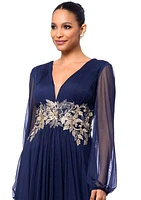 Women's Long Sleeve Mesh V-Neck Embellished Gown