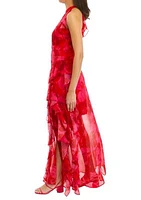 Women's Sleeveless Halter Floral Printed Chiffon Maxi Dress