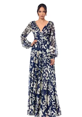 Women's Long Sleeve Floral Print Belted Gown