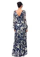 Women's Long Sleeve Floral Print Belted Gown