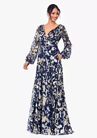 Women's Long Sleeve Floral Print Belted Gown