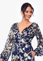 Women's Long Sleeve Floral Print Belted Gown