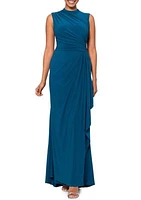 Women's Mock Neck Ruched Bodice Solid Gown