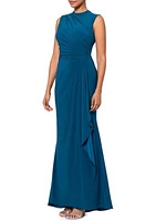 Women's Mock Neck Ruched Bodice Solid Gown