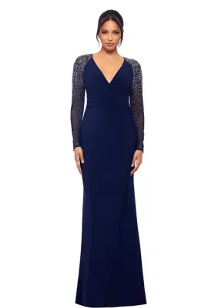 Women's Long Sleeve V-Neck Sequin Side Drape Gown