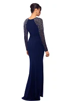 Women's Long Sleeve V-Neck Sequin Side Drape Gown