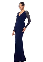 Women's Long Sleeve V-Neck Sequin Side Drape Gown